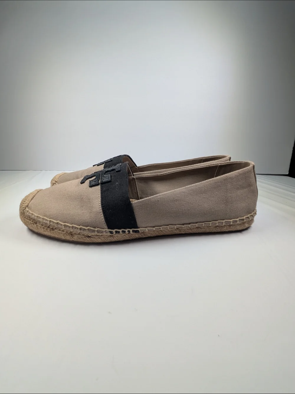 Tory Burch Women’s Beige Espadrille Slip-Ons with Black Trim
